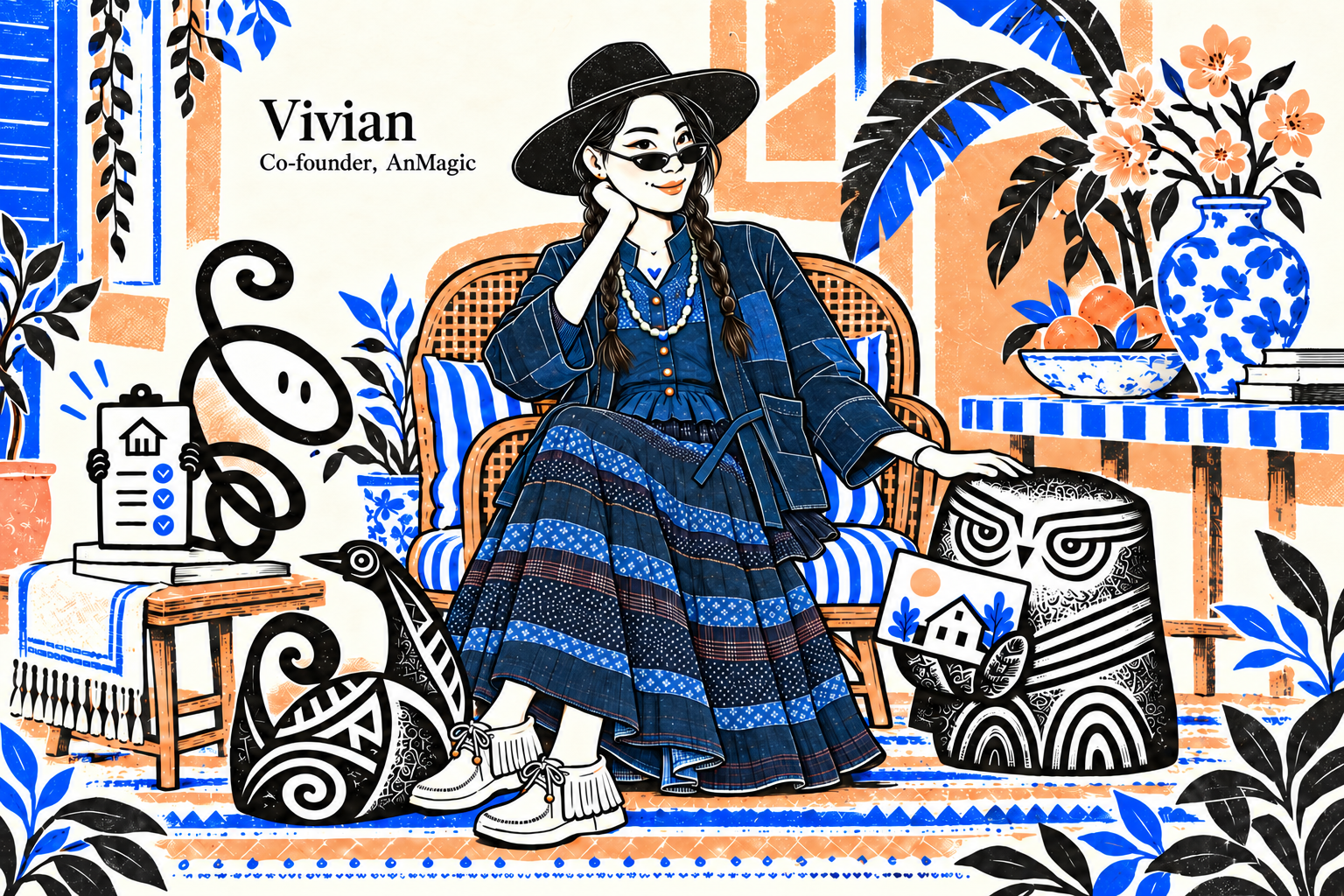 Vivian Shaw, co-founder of AnMagic, facing right and peeking over sunglasses beneath a wide-brim hat, wearing blue patchwork clothing and her V pendant, with Aowow, Amumu and Anana beside her. Illustrated in AnMagic’s orange, electric blue and ink linework.